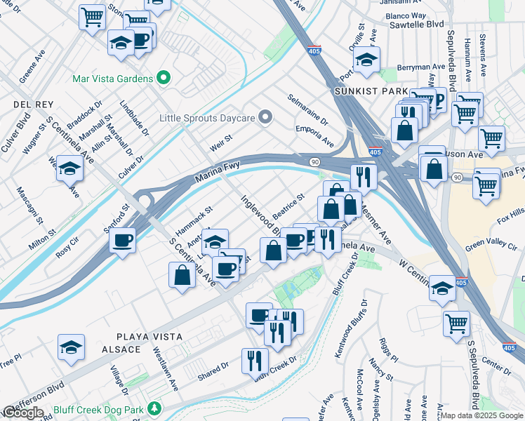 map of restaurants, bars, coffee shops, grocery stores, and more near 11960 Lucile Street in Culver City