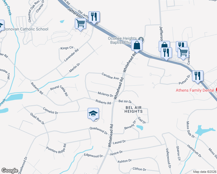 map of restaurants, bars, coffee shops, grocery stores, and more near 145 Lillian Drive in Athens