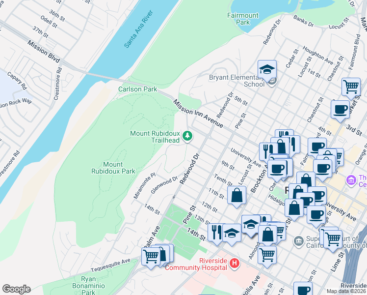 map of restaurants, bars, coffee shops, grocery stores, and more near 4640 9th Street in Riverside