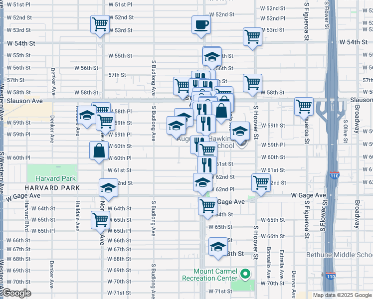 map of restaurants, bars, coffee shops, grocery stores, and more near 1040 West 60th Street in Los Angeles