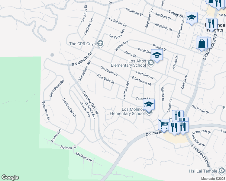 map of restaurants, bars, coffee shops, grocery stores, and more near 3032 Pietro Drive in La Puente