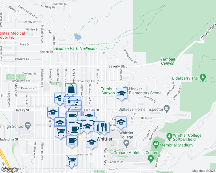 map of restaurants, bars, coffee shops, grocery stores, and more near 6222 Painter Avenue in Whittier