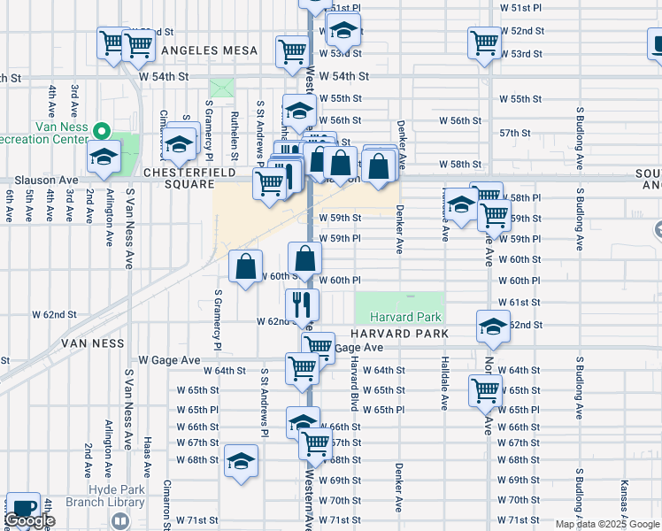 map of restaurants, bars, coffee shops, grocery stores, and more near 1732 West 60th Street in Los Angeles