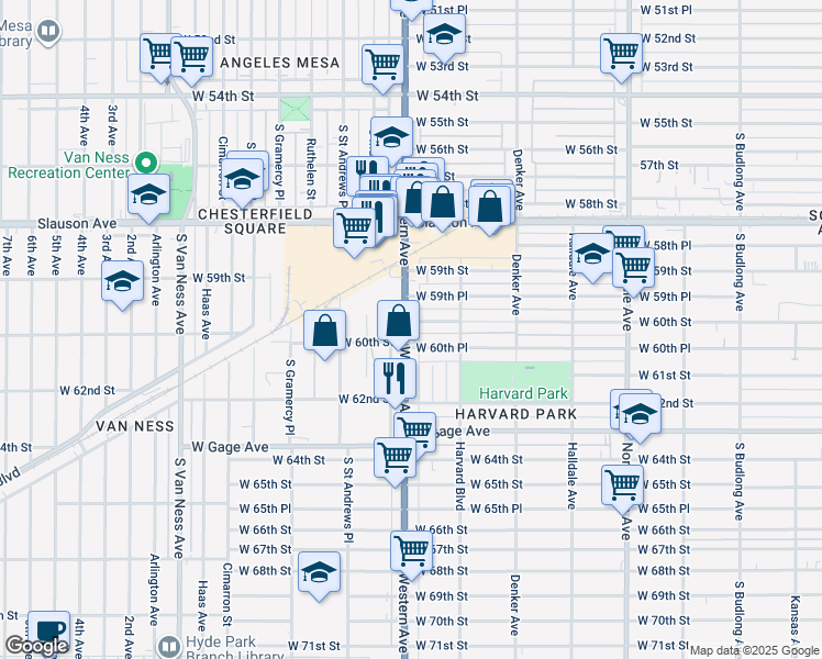 map of restaurants, bars, coffee shops, grocery stores, and more near 1732 West 60th Street in Los Angeles