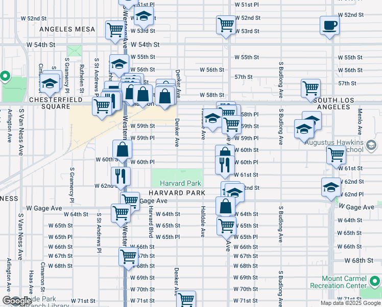 map of restaurants, bars, coffee shops, grocery stores, and more near 1528 West 60th Street in Los Angeles