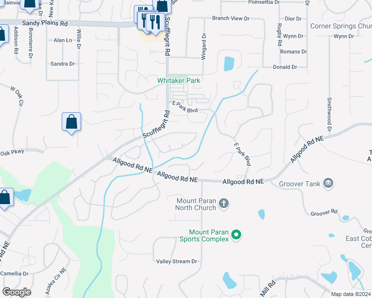 map of restaurants, bars, coffee shops, grocery stores, and more near 1555 Brentwood Drive in Marietta