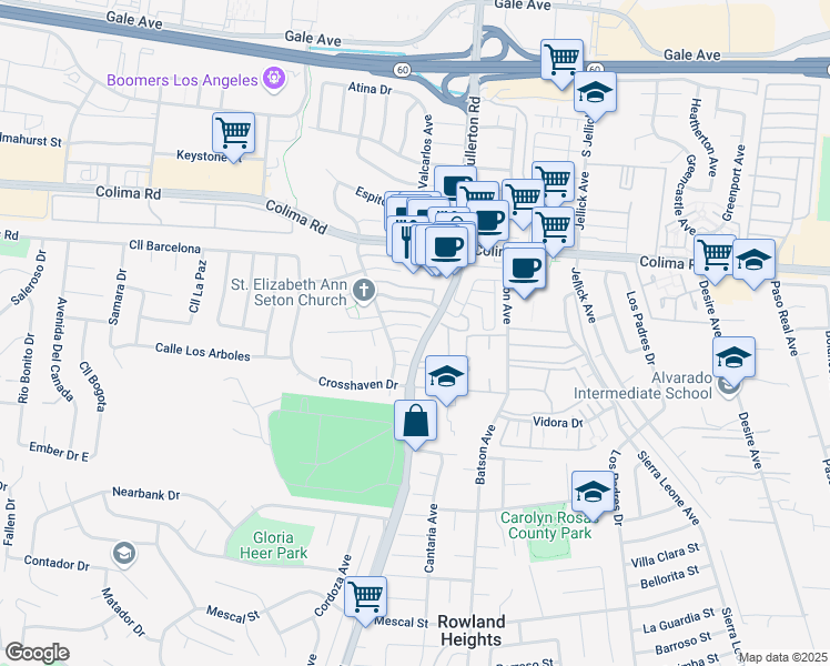 map of restaurants, bars, coffee shops, grocery stores, and more near 18234 Vía Calma in Rowland Heights