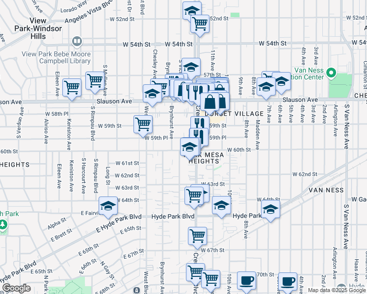 map of restaurants, bars, coffee shops, grocery stores, and more near 3429 W 60th St in Los Angeles