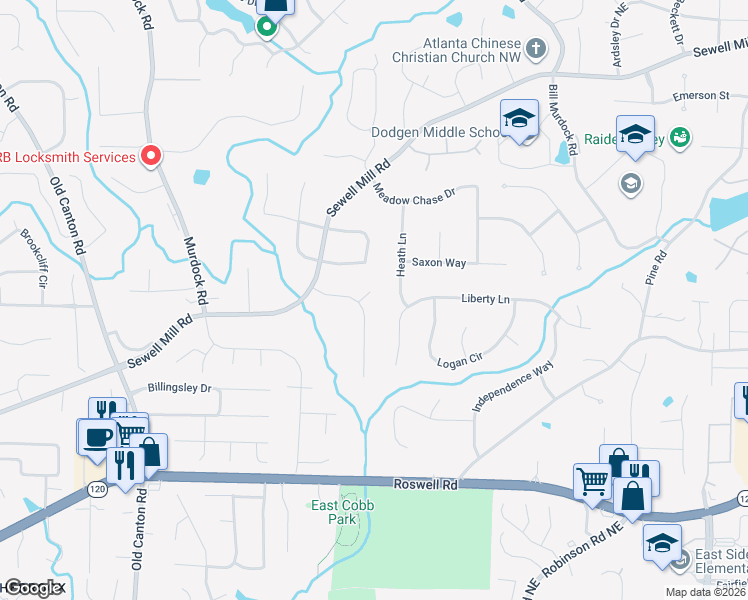 map of restaurants, bars, coffee shops, grocery stores, and more near 3445 Whirlaway Court in Marietta