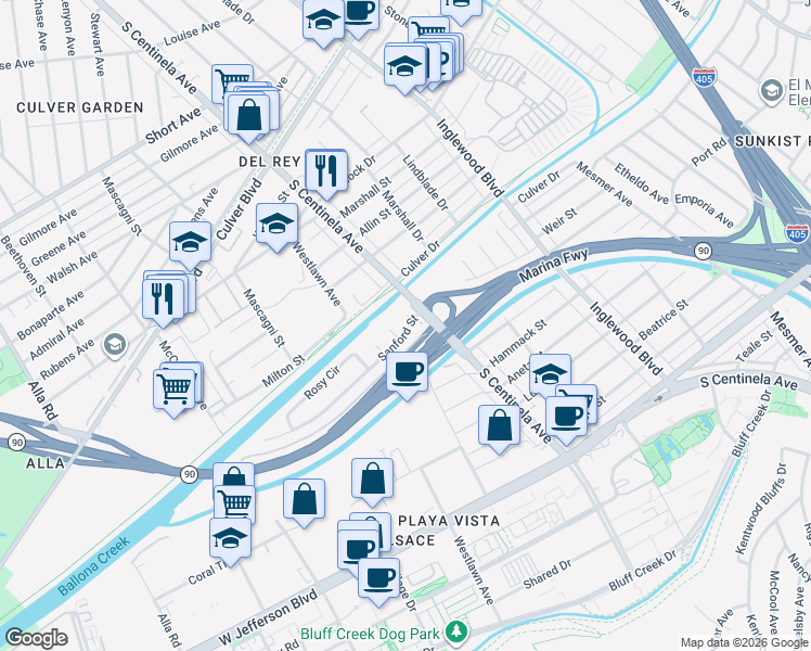 map of restaurants, bars, coffee shops, grocery stores, and more near 12421 Sanford Street in Los Angeles