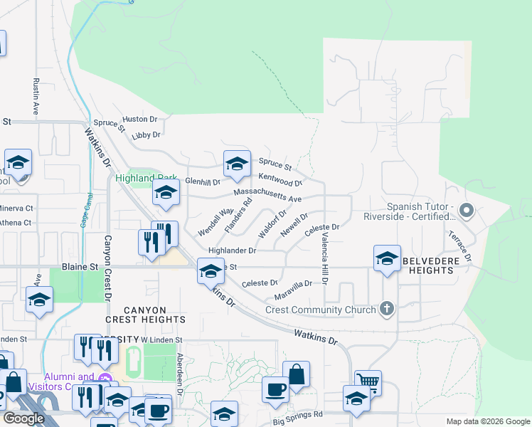 map of restaurants, bars, coffee shops, grocery stores, and more near 440 Alta Mesa Drive in Riverside