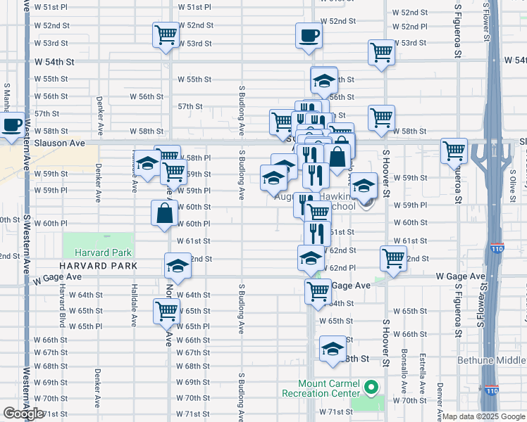 map of restaurants, bars, coffee shops, grocery stores, and more near 1122 West 60th Street in Los Angeles
