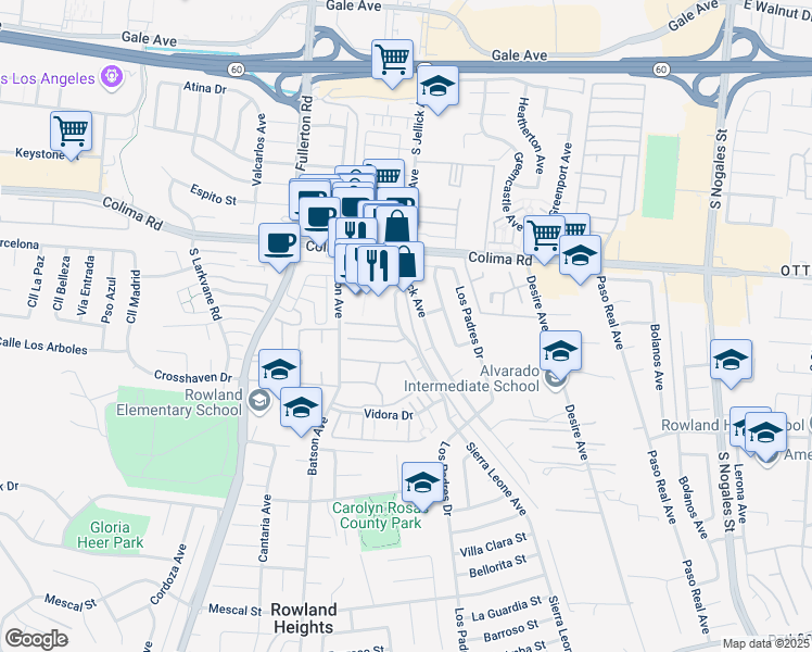 map of restaurants, bars, coffee shops, grocery stores, and more near 1818 Sierra Leone Avenue in Rowland Heights