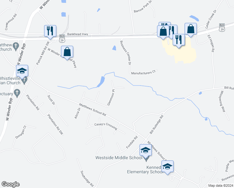 map of restaurants, bars, coffee shops, grocery stores, and more near 375 Glenmoor Place in Winder