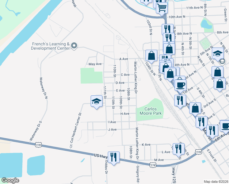 map of restaurants, bars, coffee shops, grocery stores, and more near 1098 E Avenue in Amory