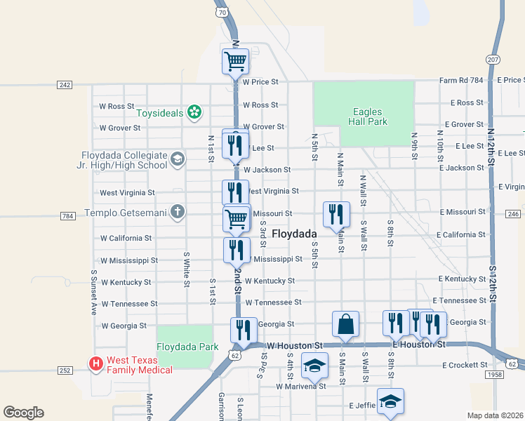 map of restaurants, bars, coffee shops, grocery stores, and more near 407 West Missouri Street in Floydada