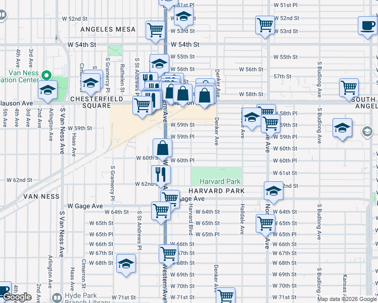 map of restaurants, bars, coffee shops, grocery stores, and more near 1700 West 60th Street in Los Angeles