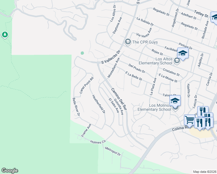 map of restaurants, bars, coffee shops, grocery stores, and more near 3130 Dolonita Avenue in Hacienda Heights