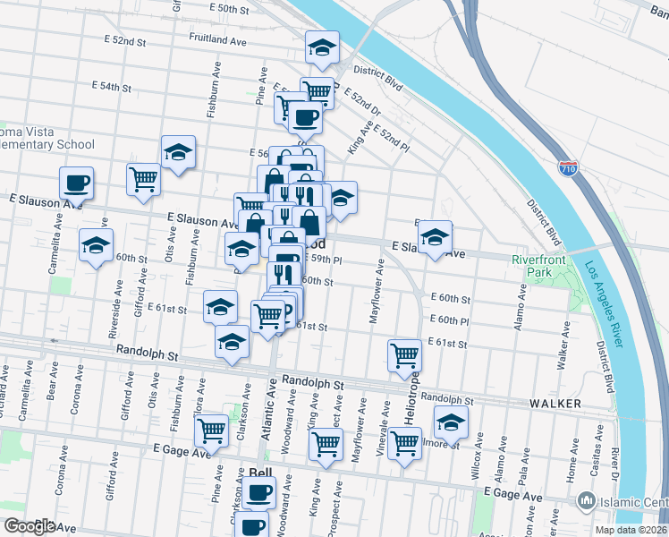map of restaurants, bars, coffee shops, grocery stores, and more near 5968 King Avenue in Maywood