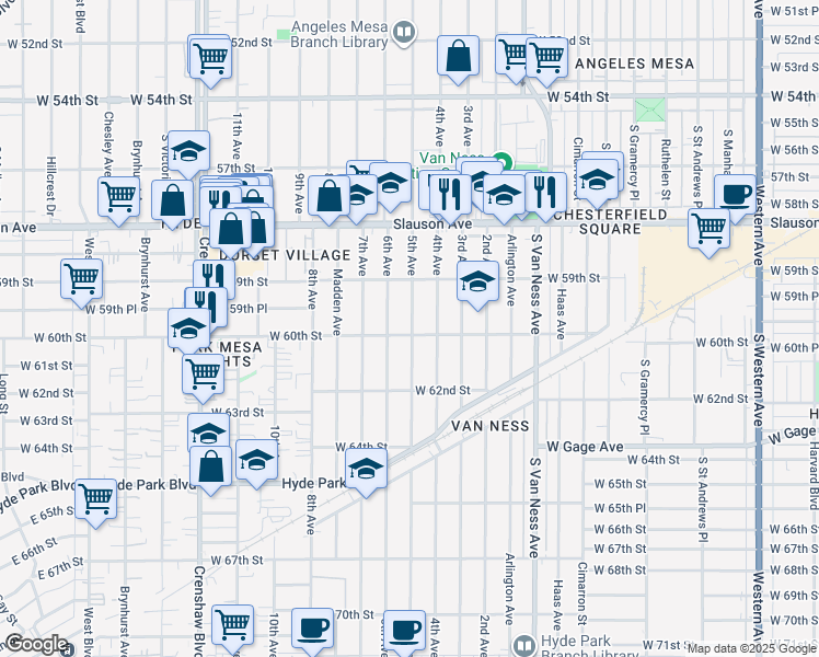 map of restaurants, bars, coffee shops, grocery stores, and more near 6003 5th Avenue in Los Angeles