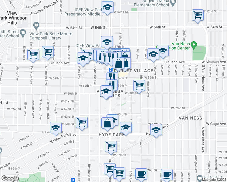map of restaurants, bars, coffee shops, grocery stores, and more near 3331 West 60th Street in Los Angeles