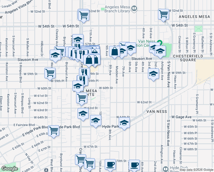 map of restaurants, bars, coffee shops, grocery stores, and more near 3115 West 60th Street in Los Angeles