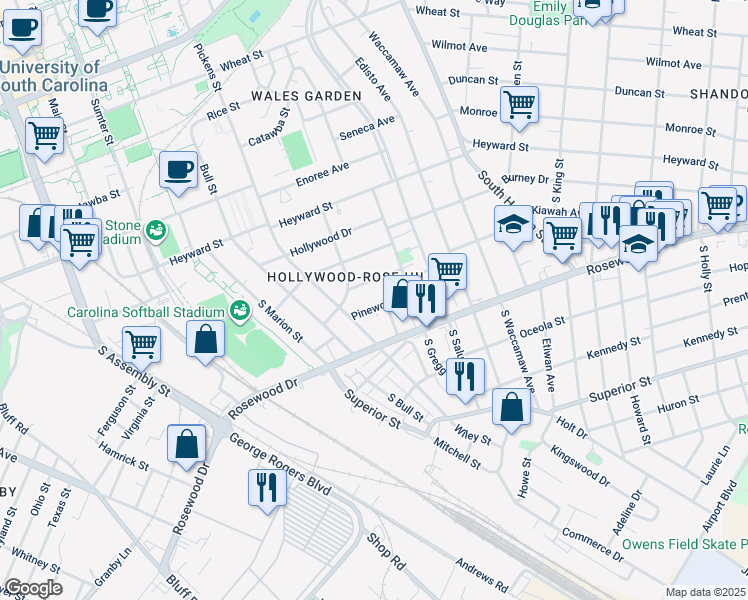 map of restaurants, bars, coffee shops, grocery stores, and more near 1705 Pinewood Drive in Columbia