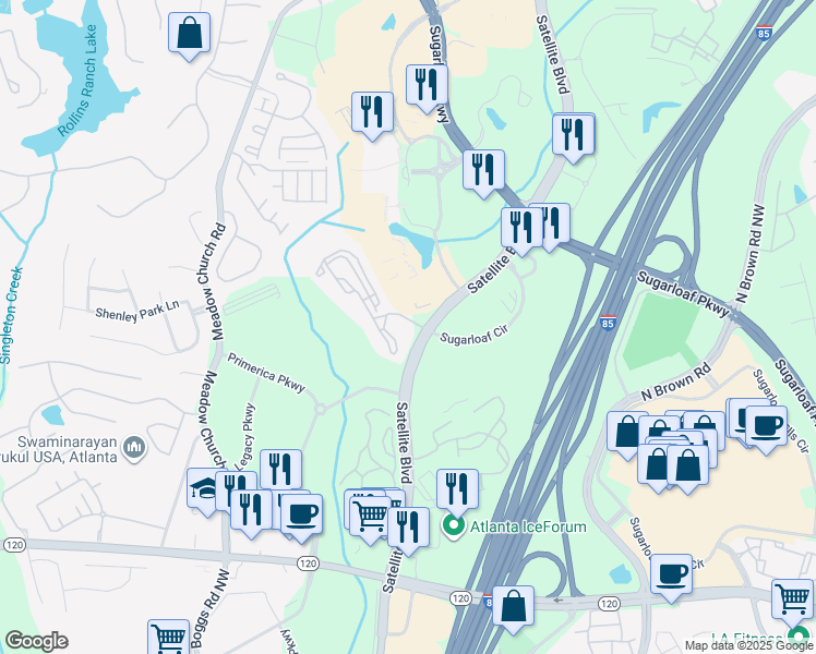 map of restaurants, bars, coffee shops, grocery stores, and more near 13303 Woodiron Drive in Duluth