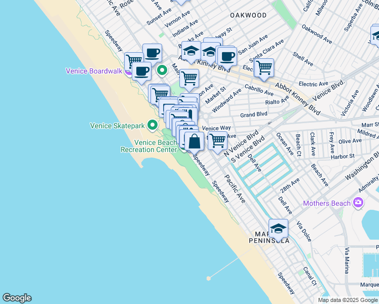 map of restaurants, bars, coffee shops, grocery stores, and more near 1701 Ocean Front Walk in Los Angeles