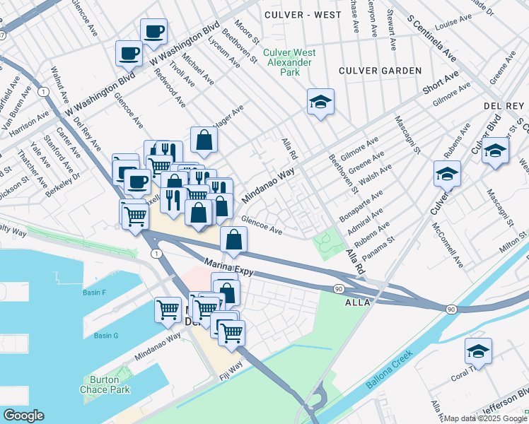 map of restaurants, bars, coffee shops, grocery stores, and more near 13080 Mindanao Way in Marina del Rey