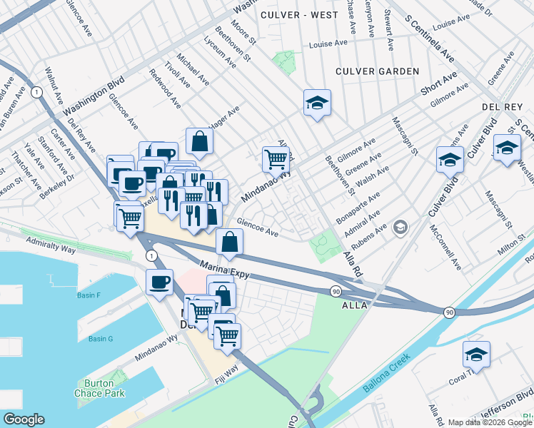 map of restaurants, bars, coffee shops, grocery stores, and more near 13078 Mindanao Way in Marina del Rey