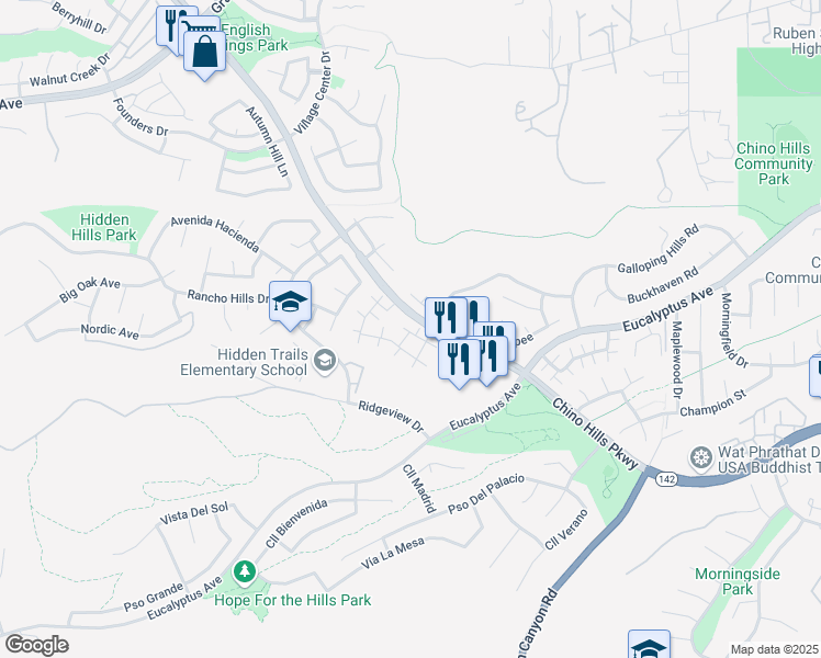 map of restaurants, bars, coffee shops, grocery stores, and more near 2484 Sundial Drive in Chino Hills