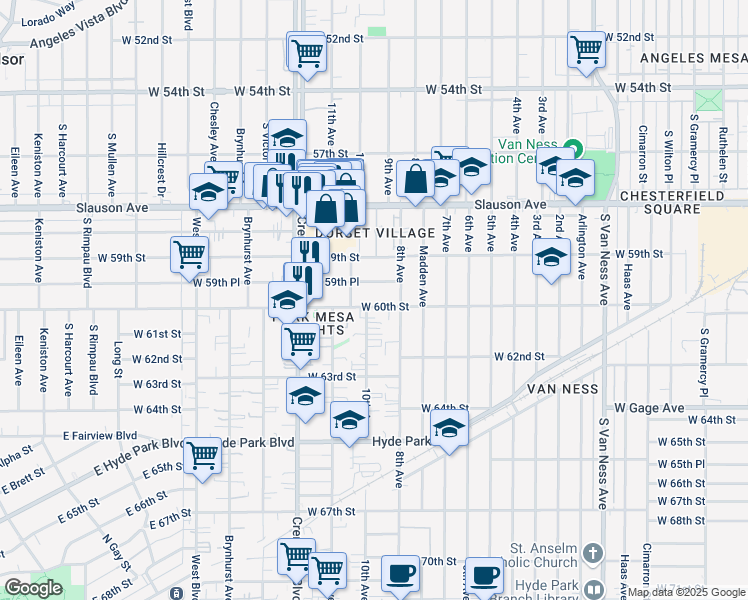 map of restaurants, bars, coffee shops, grocery stores, and more near 3131 West 60th Street in Los Angeles
