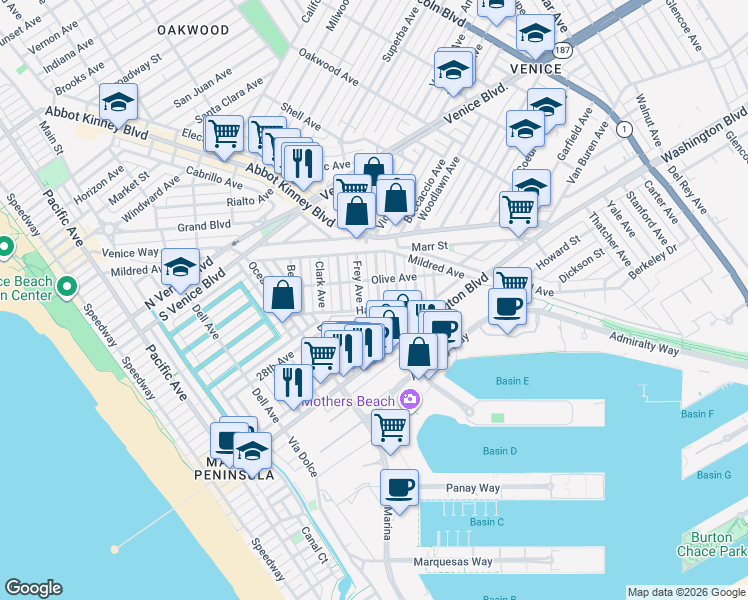 map of restaurants, bars, coffee shops, grocery stores, and more near 2425 Cloy Avenue in Los Angeles