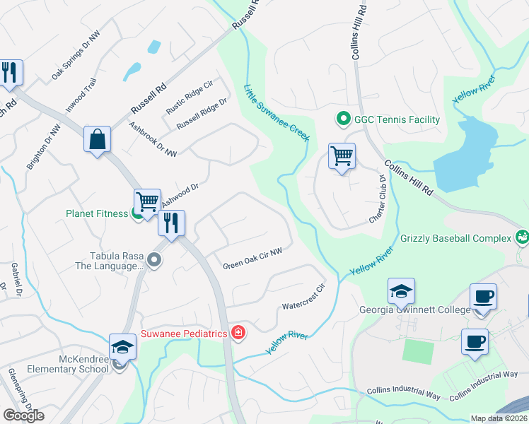 map of restaurants, bars, coffee shops, grocery stores, and more near 1620 Green Oak Circle Northwest in Lawrenceville