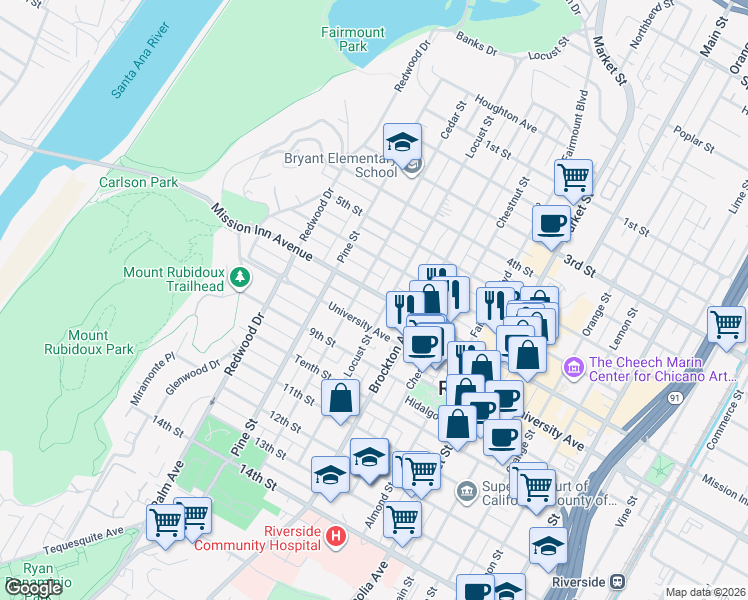 map of restaurants, bars, coffee shops, grocery stores, and more near 4240 Mission Inn Avenue in Riverside