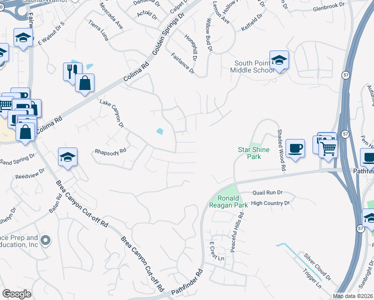 map of restaurants, bars, coffee shops, grocery stores, and more near 20527 Lake Canyon Drive in Walnut