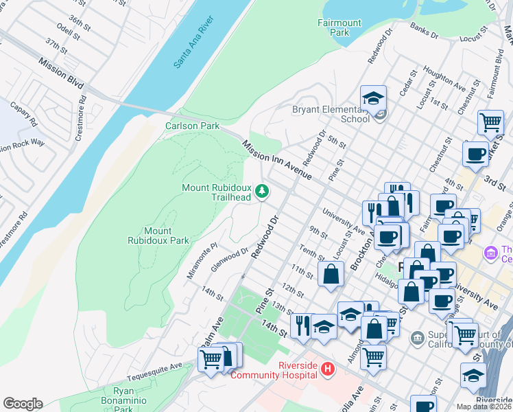map of restaurants, bars, coffee shops, grocery stores, and more near 4640 9th Street in Riverside