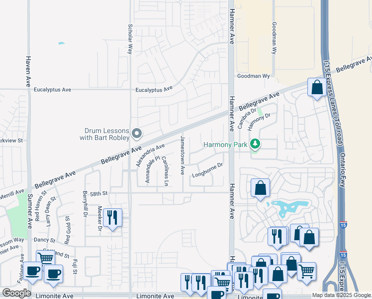 map of restaurants, bars, coffee shops, grocery stores, and more near 5755 Mark Twain Court in Corona