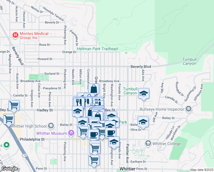 map of restaurants, bars, coffee shops, grocery stores, and more near 6227 Bright Avenue in Whittier