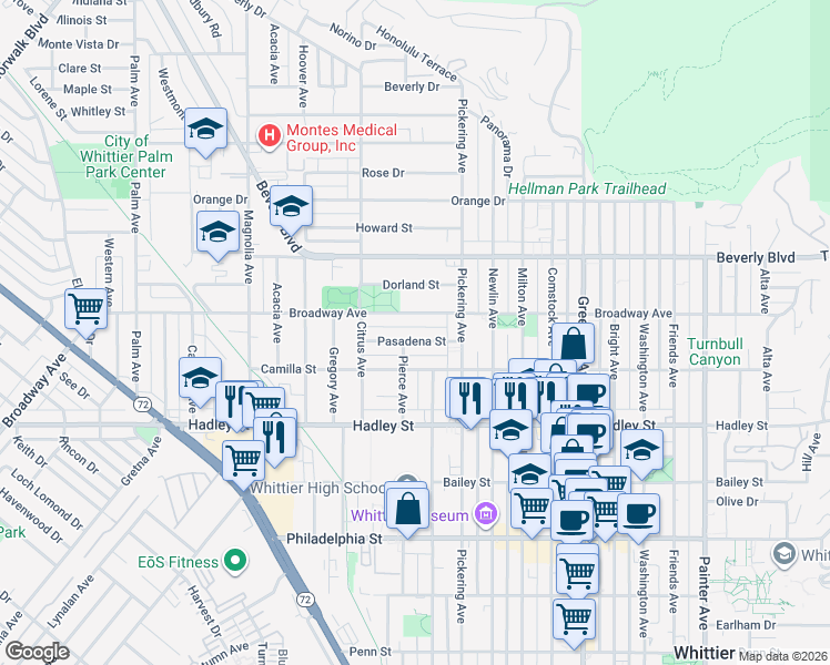 map of restaurants, bars, coffee shops, grocery stores, and more near 12405 Pasadena Street in Whittier