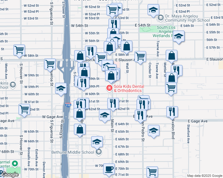 map of restaurants, bars, coffee shops, grocery stores, and more near 5962 South Main Street in Los Angeles