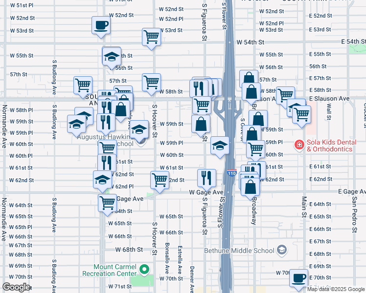 map of restaurants, bars, coffee shops, grocery stores, and more near 603 West 60th Street in Los Angeles