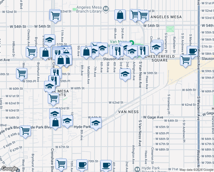 map of restaurants, bars, coffee shops, grocery stores, and more near 6003 5th Avenue in Los Angeles