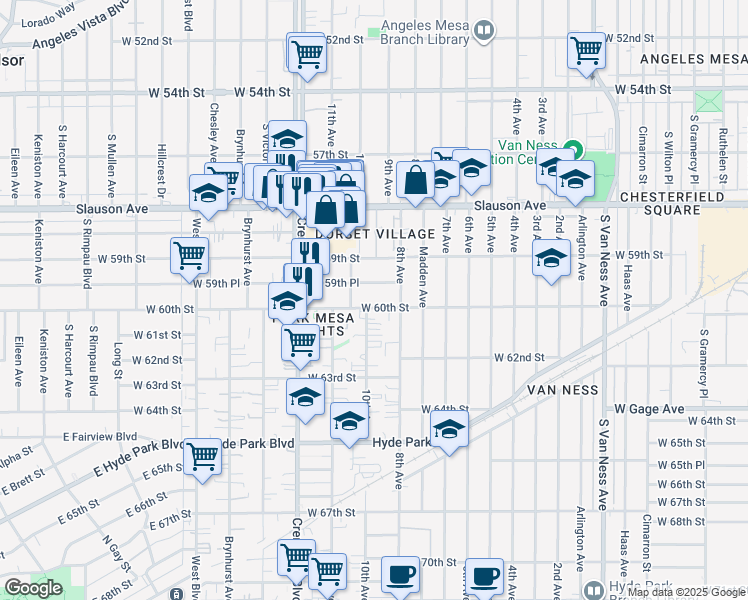 map of restaurants, bars, coffee shops, grocery stores, and more near 3131 West 60th Street in Los Angeles