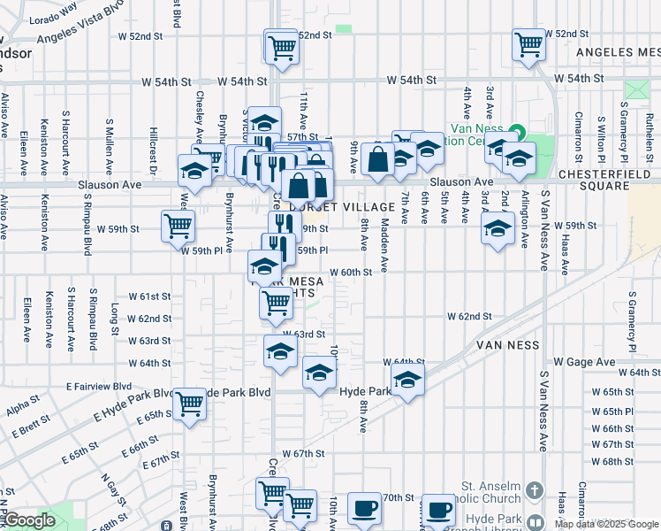 map of restaurants, bars, coffee shops, grocery stores, and more near 3131 West 60th Street in Los Angeles