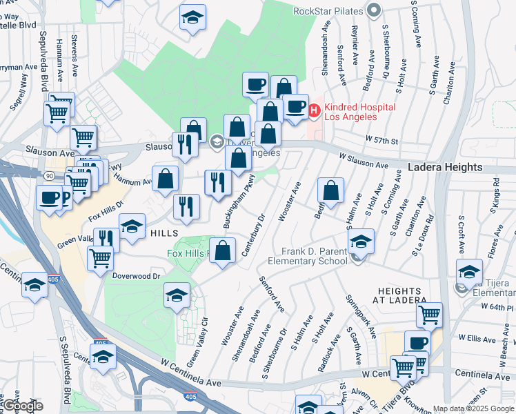 map of restaurants, bars, coffee shops, grocery stores, and more near 5950 Canterbury Drive in Culver City