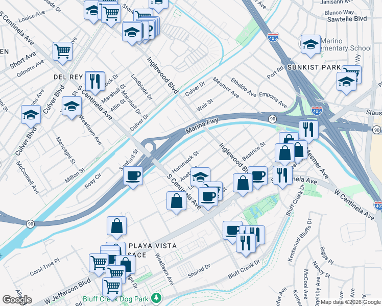 map of restaurants, bars, coffee shops, grocery stores, and more near 12060 Hammack Street in Culver City