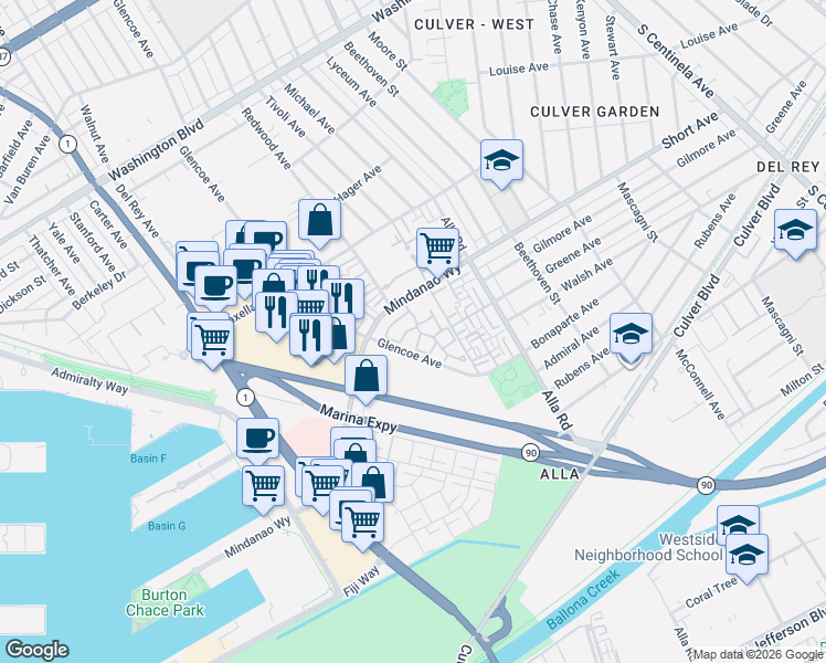 map of restaurants, bars, coffee shops, grocery stores, and more near 13082 Mindanao Way in Marina del Rey