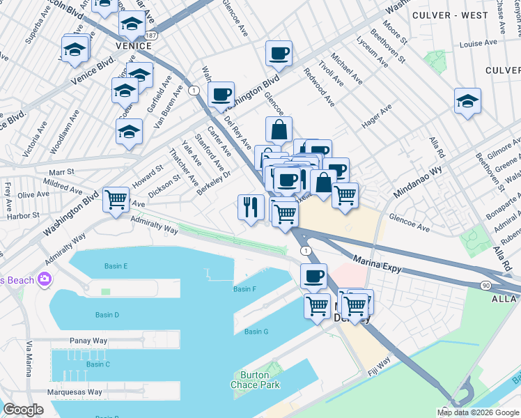 map of restaurants, bars, coffee shops, grocery stores, and more near 13603 Marina Pointe Drive in Marina del Rey